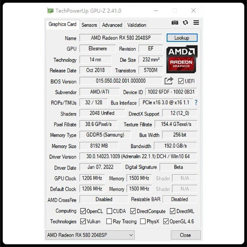 بطاقة رسومات 8GB RX580 من Kinology