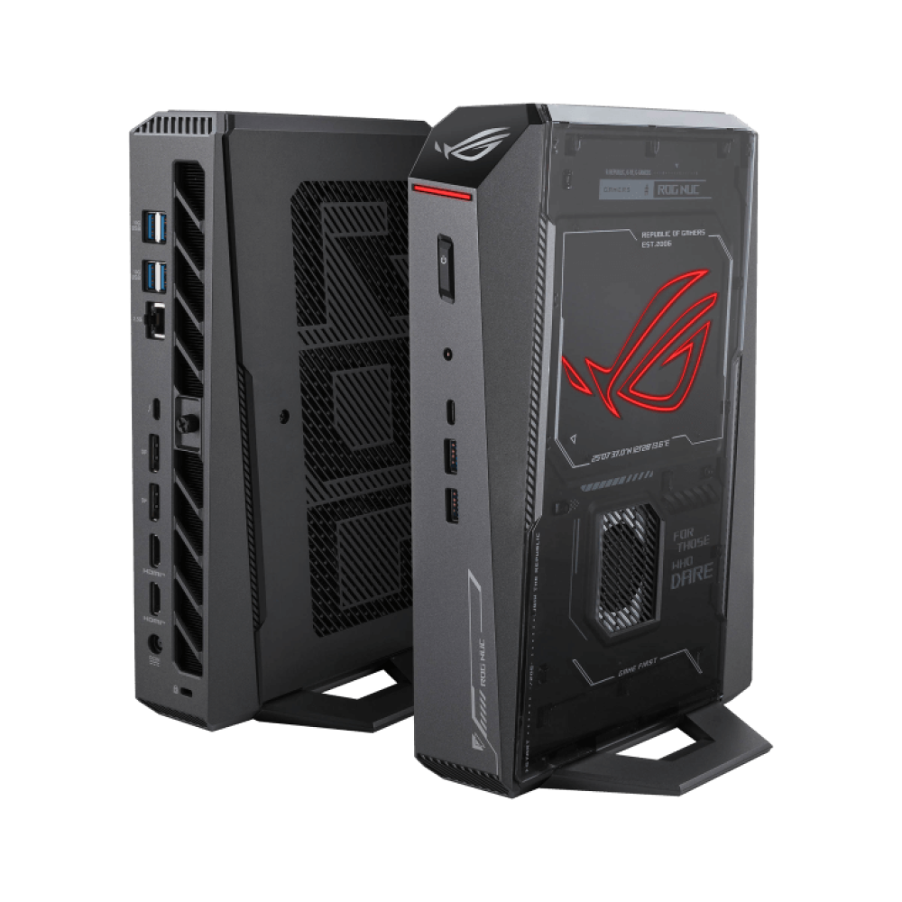 كمبيوتر ألعاب صغير ASUS ROG NUC (2025)، معالج Intel Core Ultra 9 275HX، ذاكرة وصول عشوائي (RAM) سعة 32 جيجابايت (2x16)، قرص SSD سعة 1 تيرابايت، معالج رسومات GeForce RTX 5070 Ti، نظام تشغيل ويندوز 11 هوم، أسود| 90AS00I1-M000D0