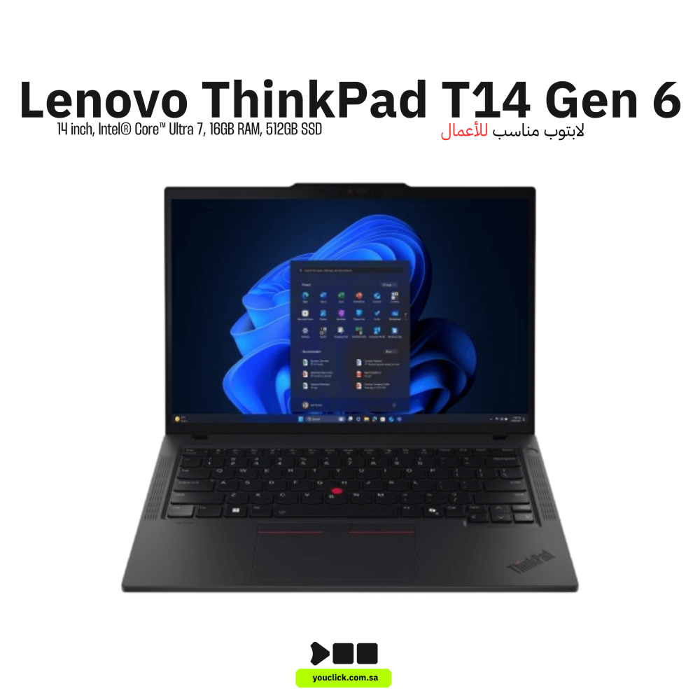 Lenovo ThinkPad T14 Gen 6 Laptop, 14" WUXGA IPS Display, Intel Core Ultra 7 255U, 16GB RAM, 512GB SSD, Integrated Intel Graphics, English-Arabic Backlit Keyboard, Windows 11 Pro, Black | 21QC009PAD