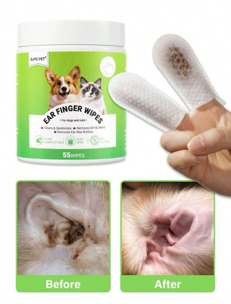 مناديل تنظيف الأذن للكلاب والقطط بسعة كبيرة - عبوة تحتوي على 55 قطعة - مناديل لطيفة غير مهيجة لتنظيف الأذن