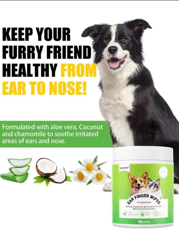 مناديل تنظيف الأذن للكلاب والقطط بسعة كبيرة - عبوة تحتوي على 55 قطعة - مناديل لطيفة غير مهيجة لتنظيف الأذن