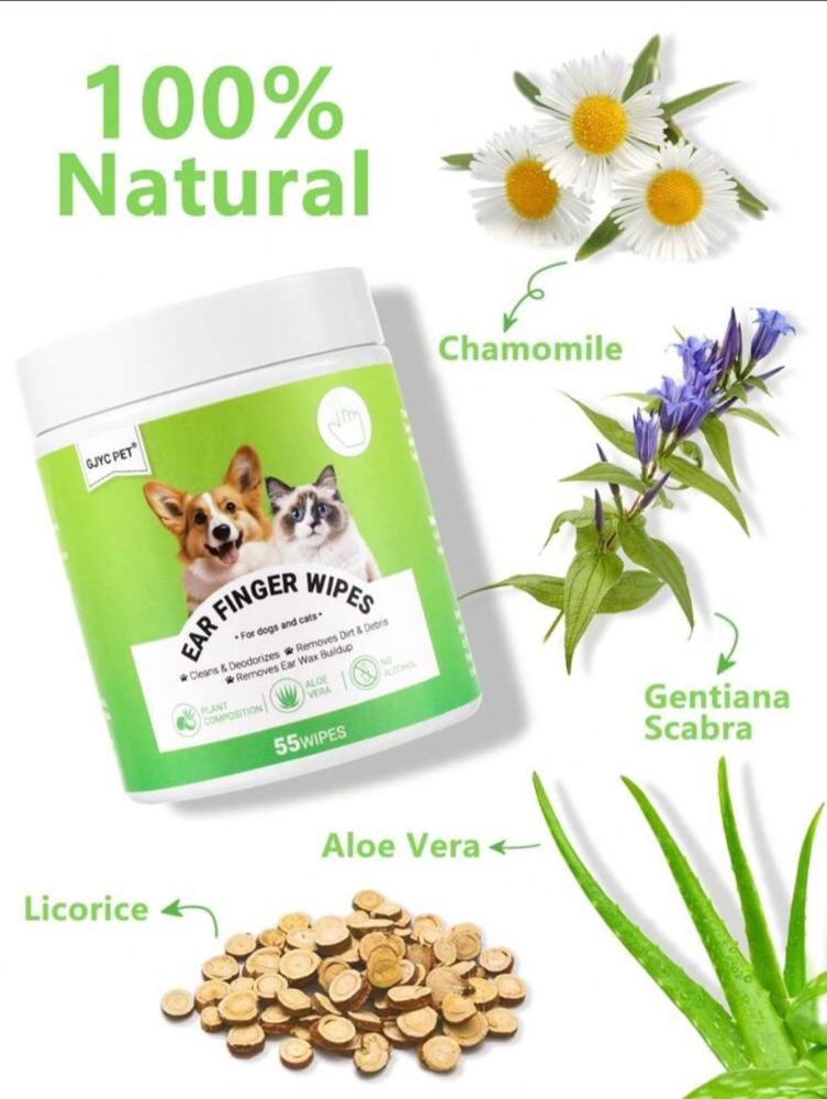مناديل تنظيف الأذن للكلاب والقطط بسعة كبيرة - عبوة تحتوي على 55 قطعة - مناديل لطيفة غير مهيجة لتنظيف الأذن