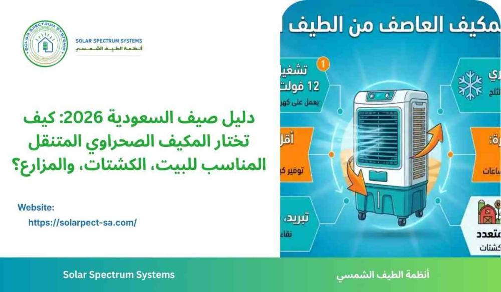 انفوجراف يوضح مميزات مكيف صحراوي متنقل يعمل بجهد 12 فولت و220 فولت، مو