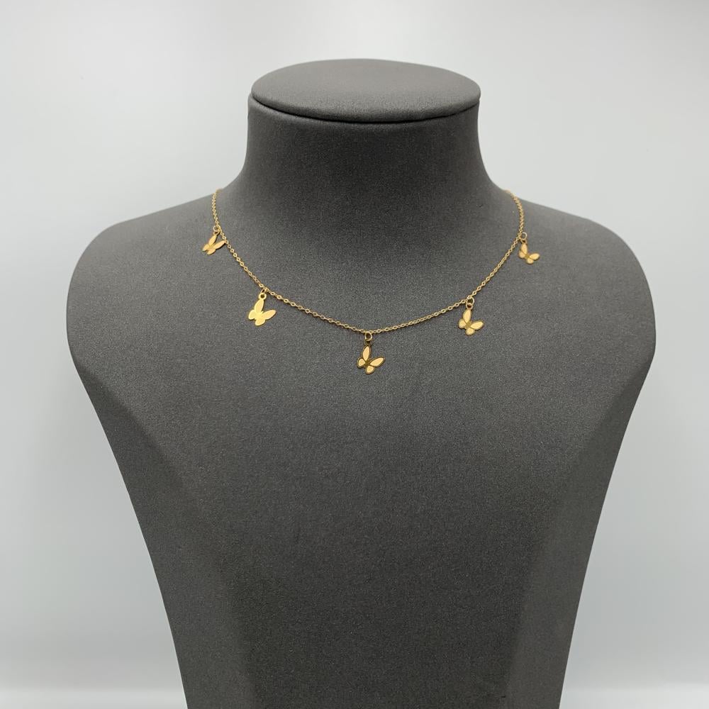 عقد بحريني ذهب عيار 21 – تصميم فراشات متدلية ناعمة – الوزن 0.98 جرام | لمسة أنثوية خفيفة وأنيقة