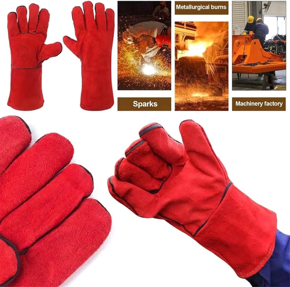 Pair of long red welding gloves