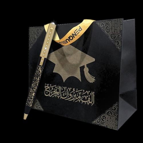قلم فاخر أسود محفور باللون الذهبي مع زركون أبيض _...