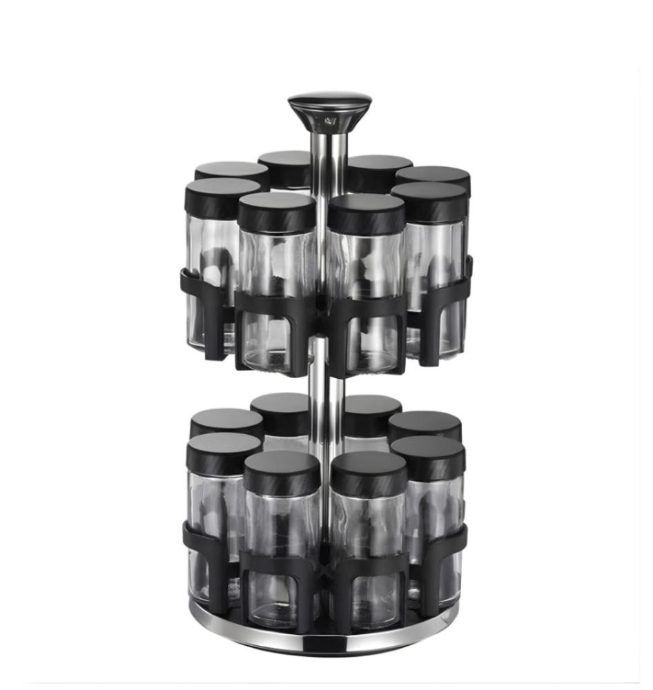 منظم توابل دوّار ستيل + 12 علبة زجاجية ترتيب يسهّل الطبخ ويجمّل مطبخك