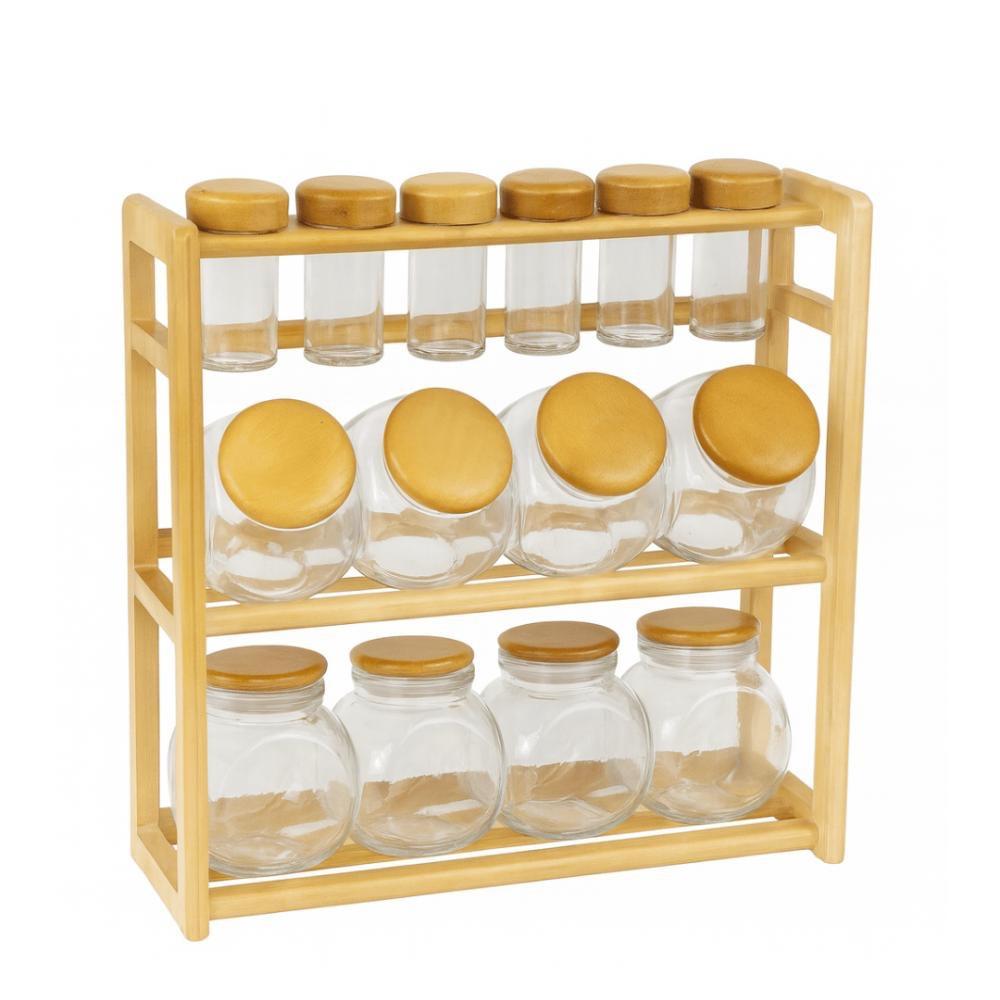 منظم بهارات خشبي ببرطمانات زجاجية أناقة الترتيب وحل ذكي لفوضى المطبخ