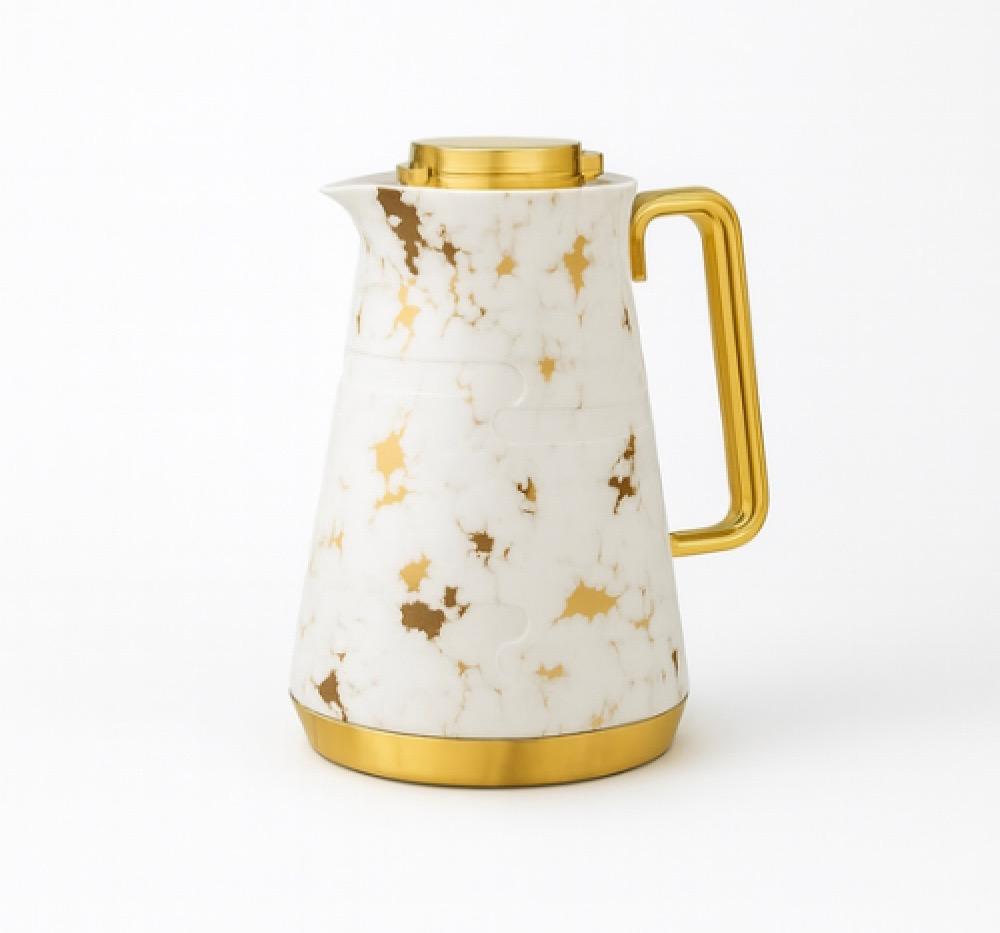 ترمس شاي أبيض رخامي مذهب من الأسطورة فخامة تليق بذوق الضيافة الراقية