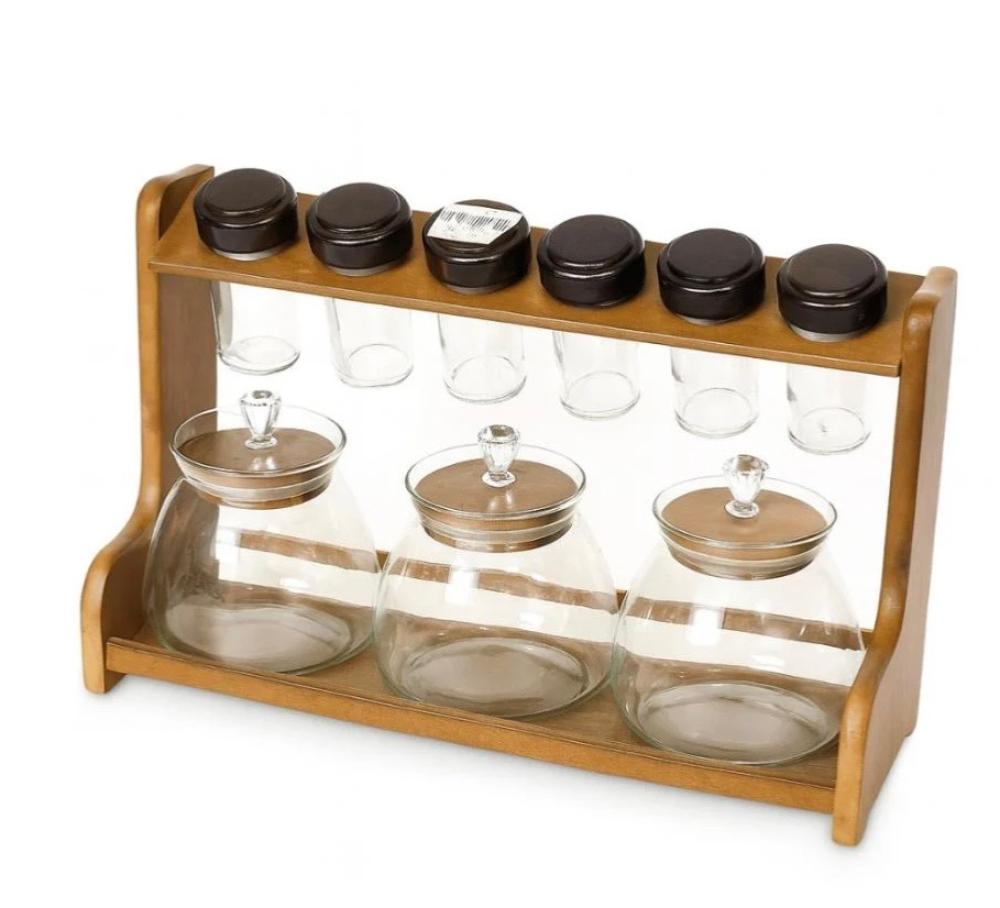 طقم منظم بهارات خشبي مع 9 علب زجاجية جودة عالية واستخدام مريح