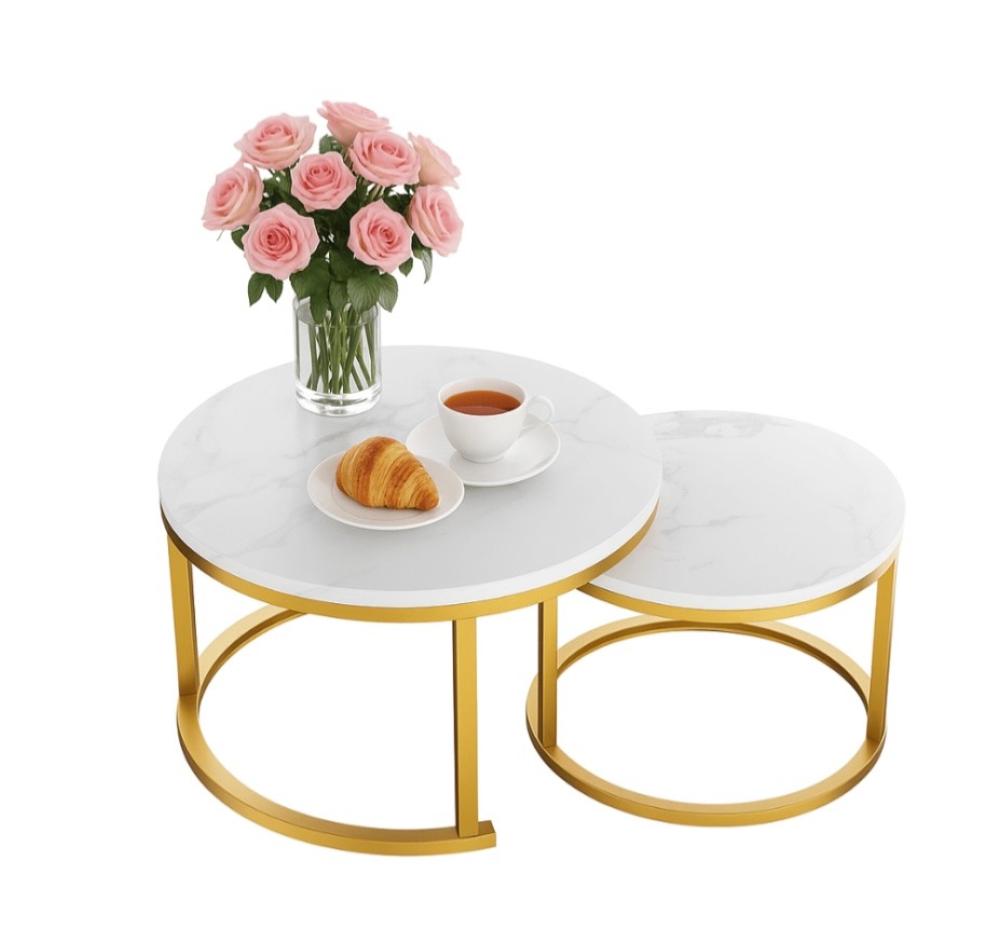 طقم طاولتين متداخلتين بتصميم رخامي أبيض وإطار ذهبي فاخر من اكسترا، يضف