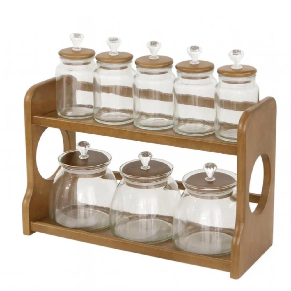منظم التوابل الخشبي مع 8 برطمانات زجاجية تصميم عملي يجمع الأناقة وسهولة التنظيم في مطبخ