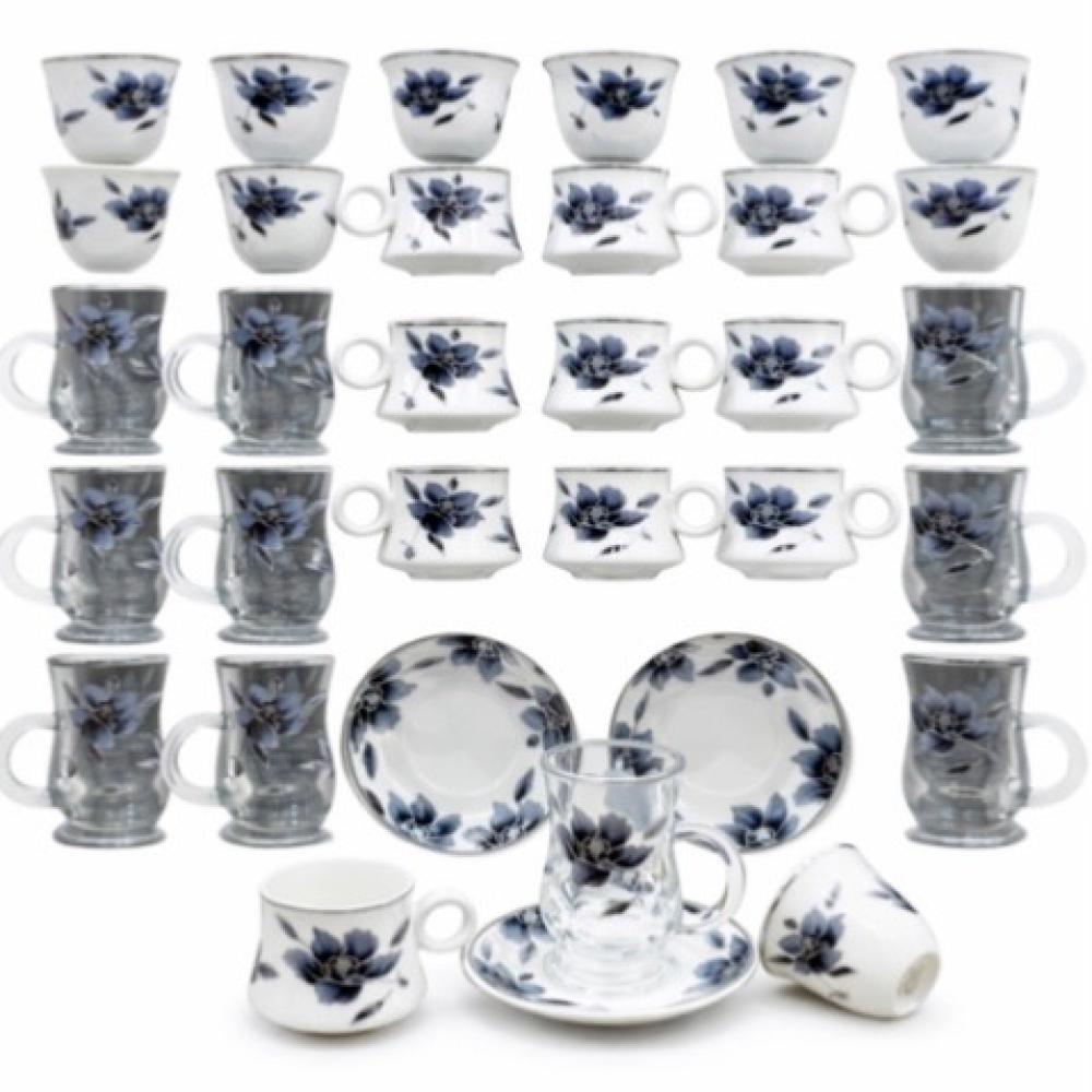 طقم ضيافة أزرق أبيض 48 قطعة بتصميم أنيق ونقوش راقية يمنح طاولة الضيافة