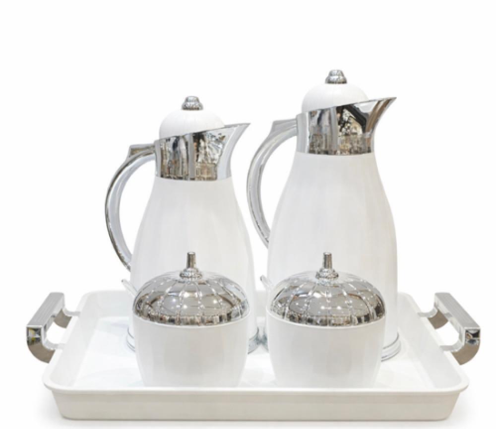 طقم ترامس شاي وقهوة أبيض فضي 5 قطع من الأسطورة أناقة الضيافة في كل تفص