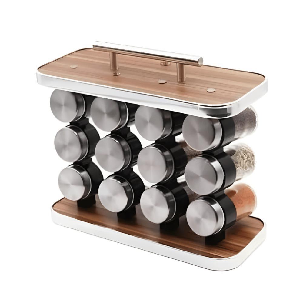 ستاند البهارات بقاعدة ستيل وعلب زجاجية ترتيب أنيق بنكهة احترافية