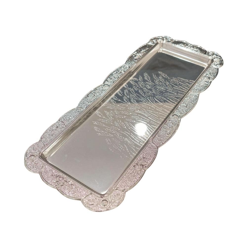 صينية تقديم مستطيلة فضية فاخرة بحواف مقوسة تصميم معدني راقي للمناسبات