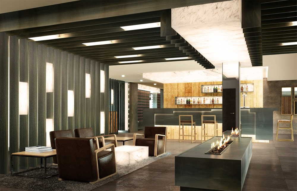 غرفة معيشة بتصميم داخلي مضاء بإضاءة دافئة