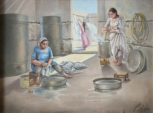 لوحة فنية - الغسيل - مقاس اللوحة 74x100 سم