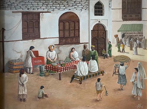 لوحة فنية - الحارة - مقاس اللوحة 74x100 سم