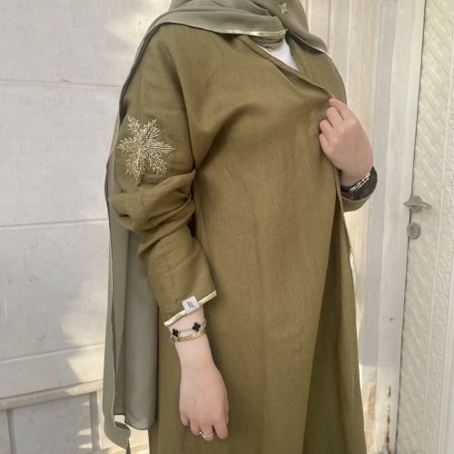 Olive green embroidered linen
