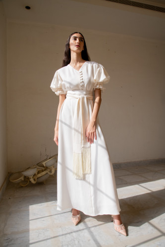 Belted Kaftan with Volume Sleeves - Off White