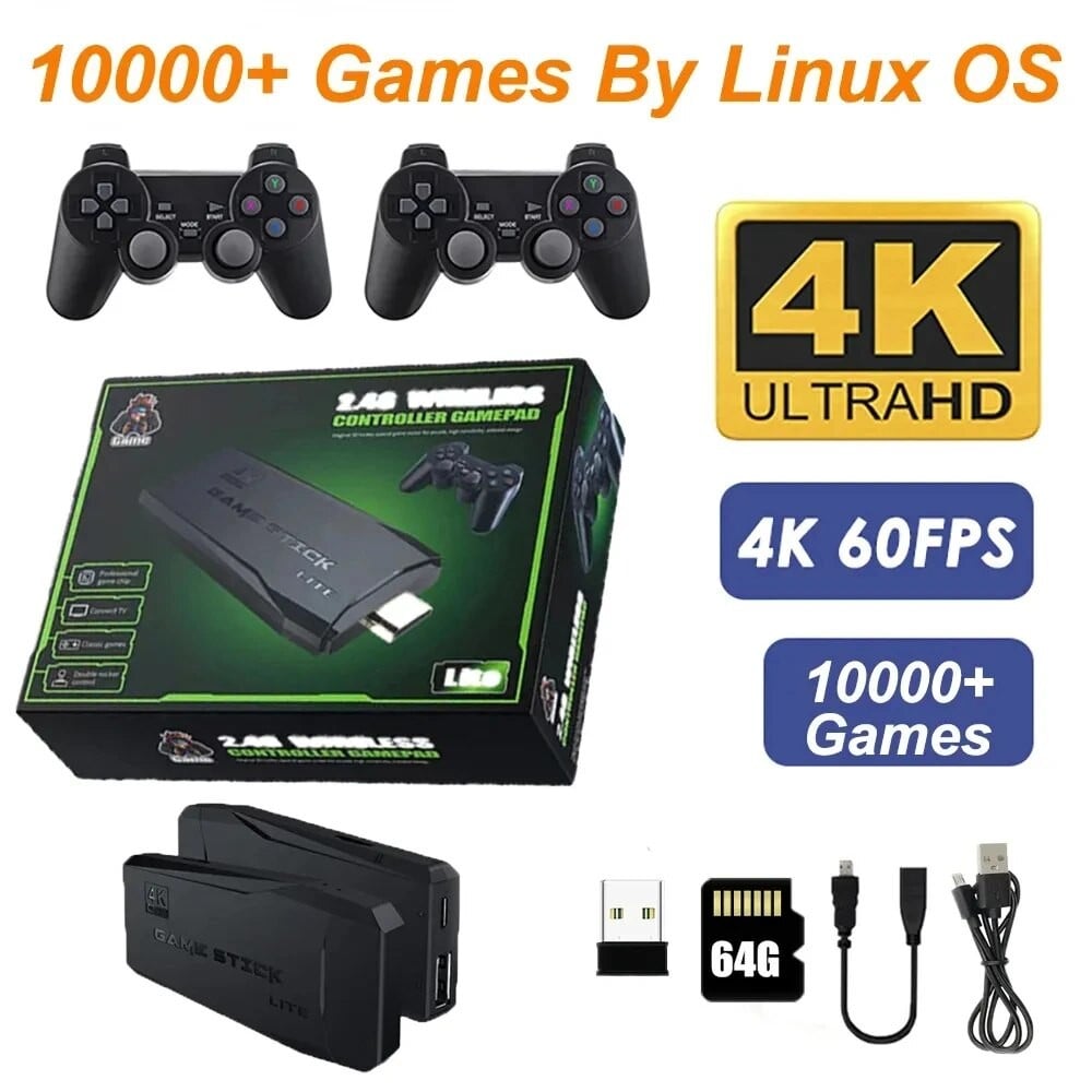 جهاز M8 Game Stick 4K Linux OS TV Console ، مدمج + Games ، G ، مقبض لاسلكي مزدوج ، 64 جيجابايت ، ألعاب ثلاثية الأبعاد لـ PS1 ، SFC