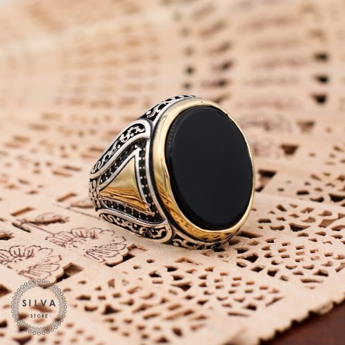 خاتم رجالي فضة عيار 925 بحجر العقيق