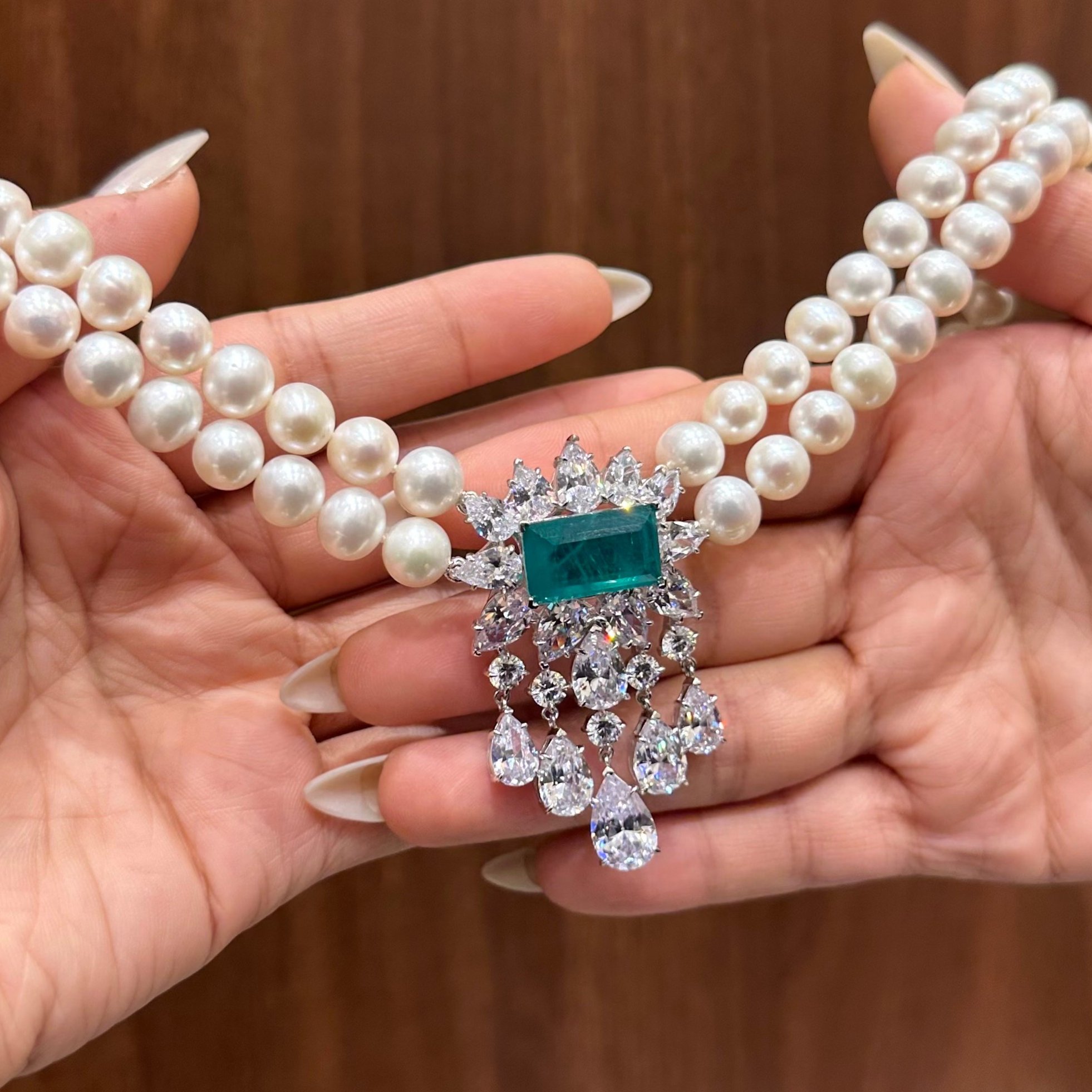 عقد فضه تصميم الماس ولؤلؤ زراعي