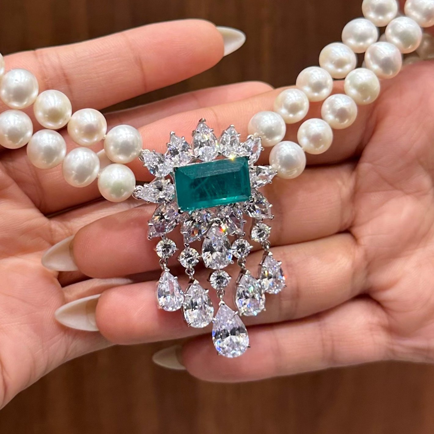 عقد فضه تصميم الماس ولؤلؤ زراعي