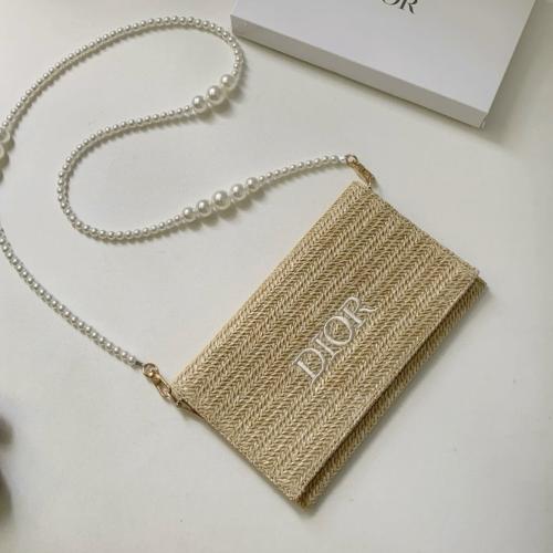 Dior raffia Clutch Bag With Pearl Strap