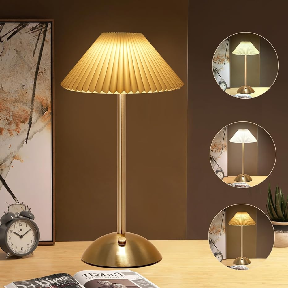 مصباح طاولة LED لاسلكي، قابل للتعتيم باللمس، 3 درجات حرارة لون، مصباح طاولة صغير معدني مطوي كلاسيكي لغرفة النوم والمكتب وطاولة السرير (بيج + قاعدة بنية A)