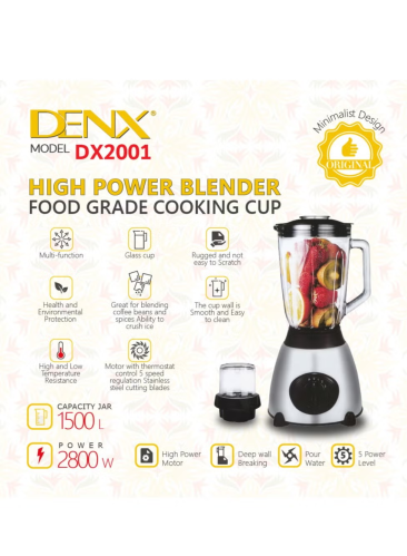 خلاط كهربائي عالي القدرة من DENX DX2001 – قوة 2800 واط، كأس زجاجي مقاوم للخدش بسعة 1.5 لتر، شفرات ستانلس ستيل قوية لتكسير الثلج وطحن القهوة والبهارات، 5 مستويات سرعة مع حماية حرارية، تصميم أنيق متعدد الوظائف وصديق للبيئة