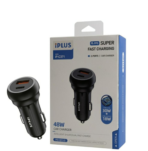 شاحن سيارة iPLUS بقوة شحن فائقة 48 واط - منفذين TYPE-C PD و USB-A QC3.0