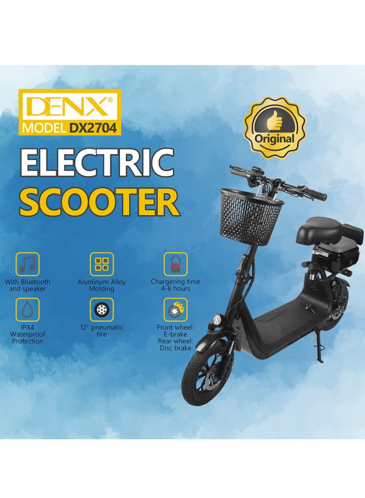 سكوتر كهربائي DENX DX2704 بمحرك 500 واط، سرعة 30 كم/ساعة، وإطارات هوائية 12 بوصة مع بلوتوث ومكبرات صوت.