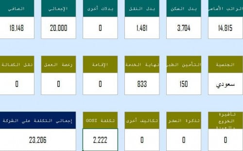 حاسبة تكلفة الموظف داش بورد مبسط