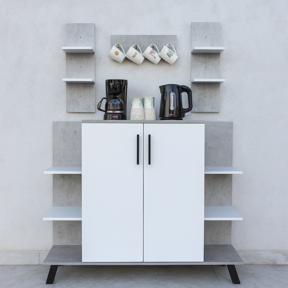 ركن قهوة 3 ادراج تخزين خشب ماليزي وأرفف لون رمادي وأبيض