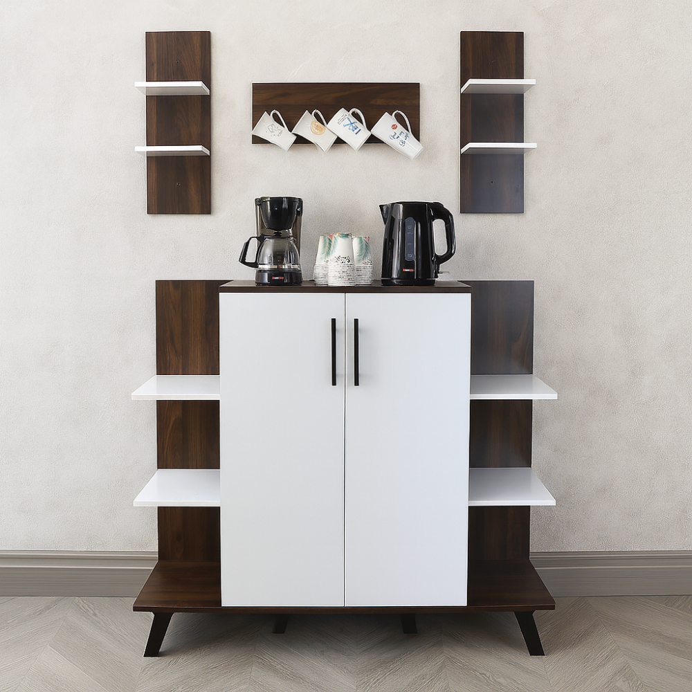 ركن قهوة خشبي للمنزل 3 ادراج وارفف خشب ماليزي لون بني وأبيض