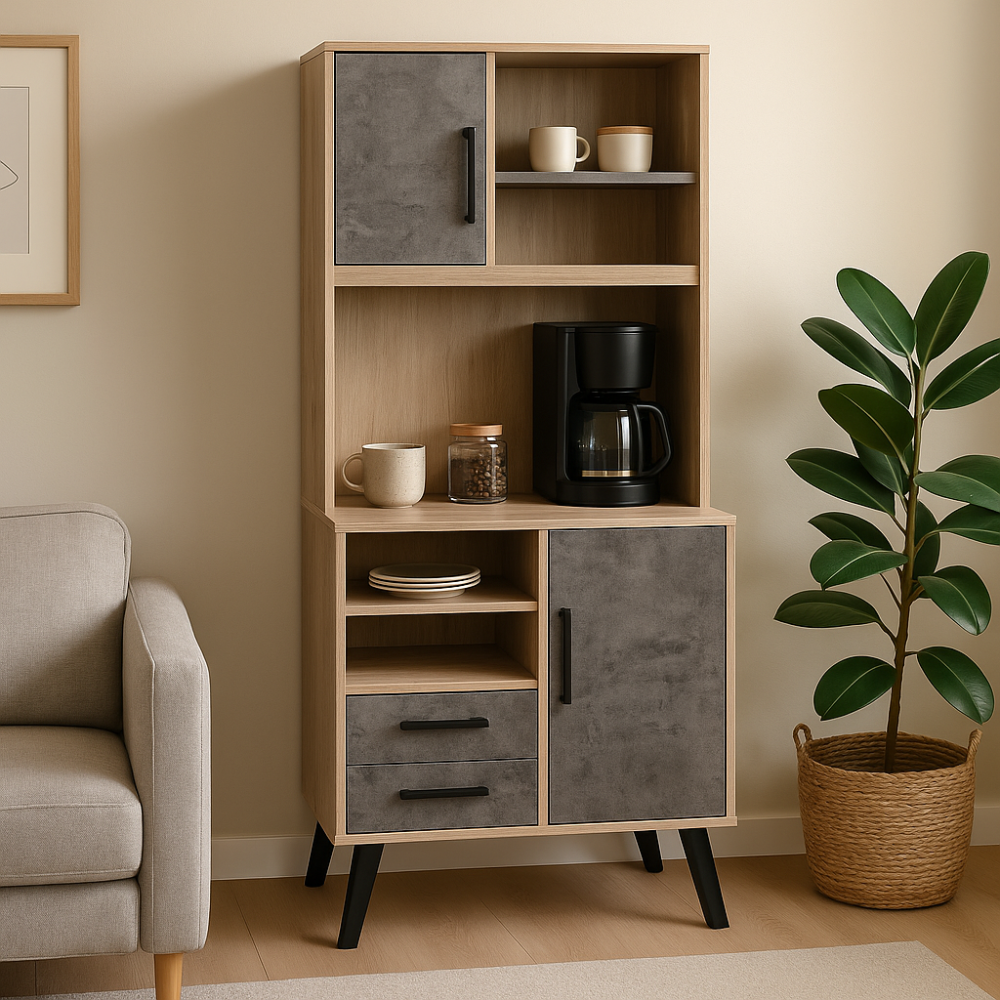 ركن كوفي مودرن خشب ماليزي مع ارفف وادراج -  بيج ورمادي