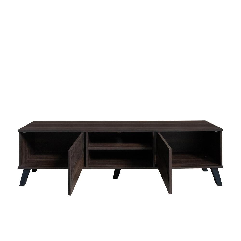 طاولة تلفزيون خشبية 160 سم , درجين تخزين مع رفوف خشب ماليزي - بني غامق