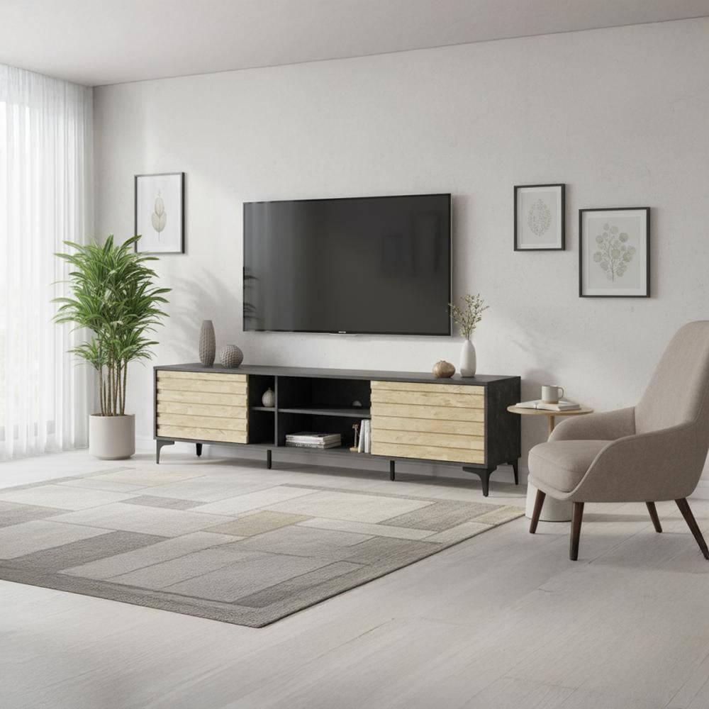 طاولة تلفزيون بلازما خشب ماليزي 200 سم - رمادي غامق وبيج