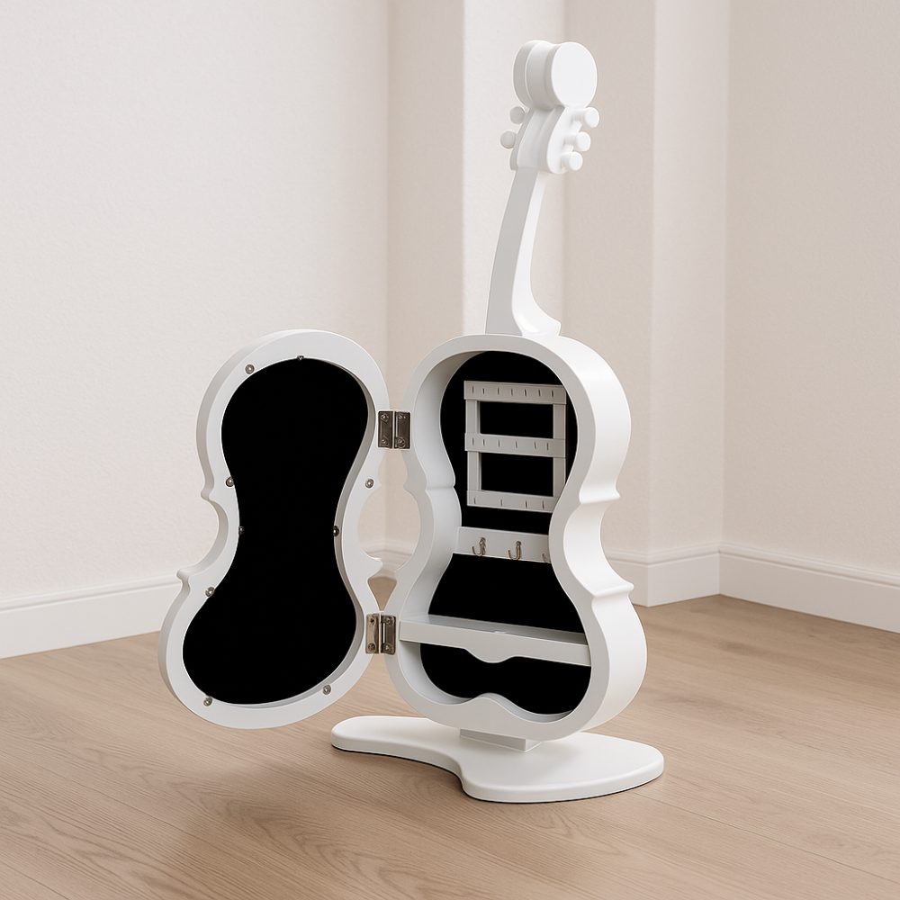 خزانة اكسسوار مع مرآة على شكل جيتار ابيض