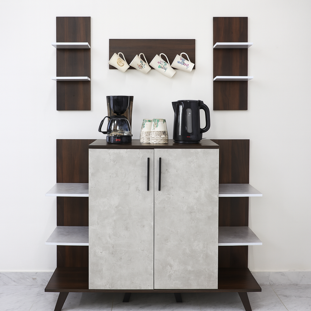 دولاب ركن قهوه خشب ماليزي 3 ادراج للتخزين مع أرفف لون بني غامق ورصاصي