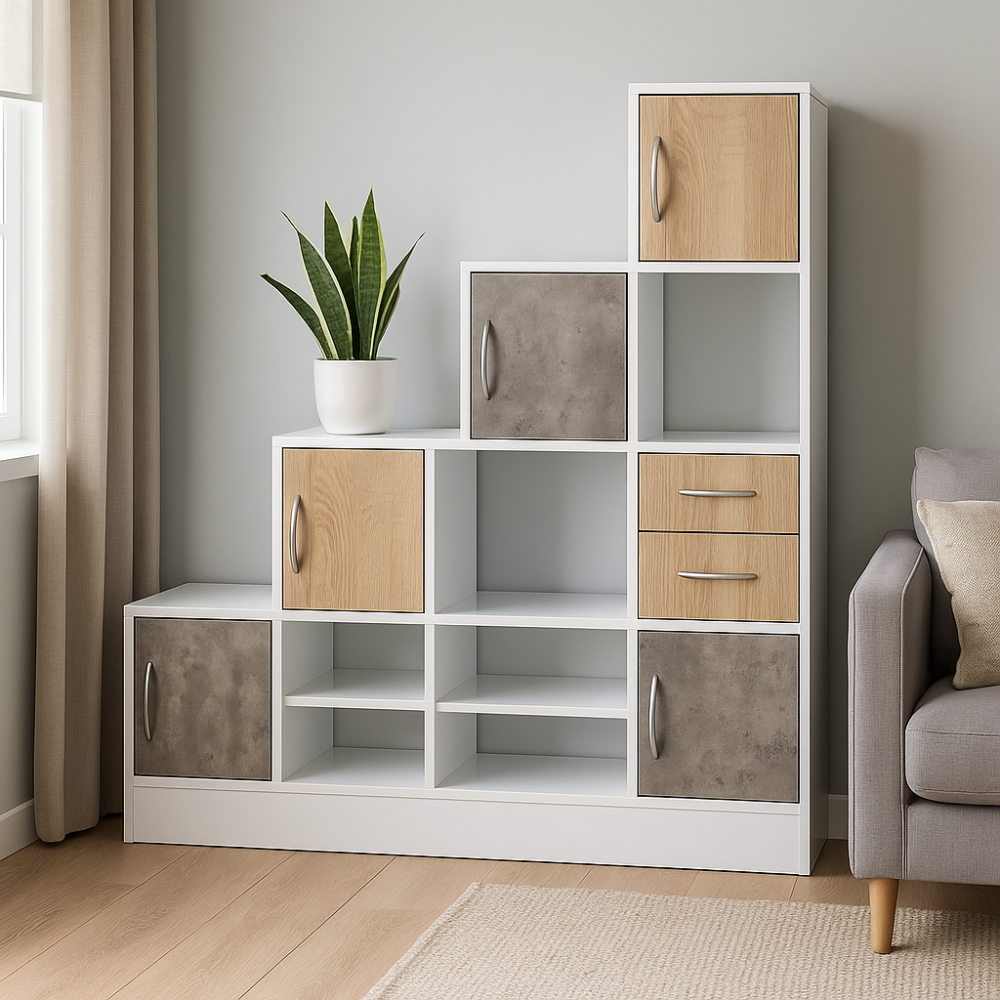 وحدة أرفف مكتبية خشب ماليزي 4 ادوار , ادراج تخزين متنوعة لون ابيض