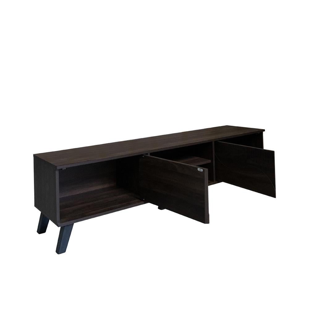 طاولة تلفزيون خشبية 160 سم , درجين تخزين مع رفوف خشب ماليزي - بني غامق