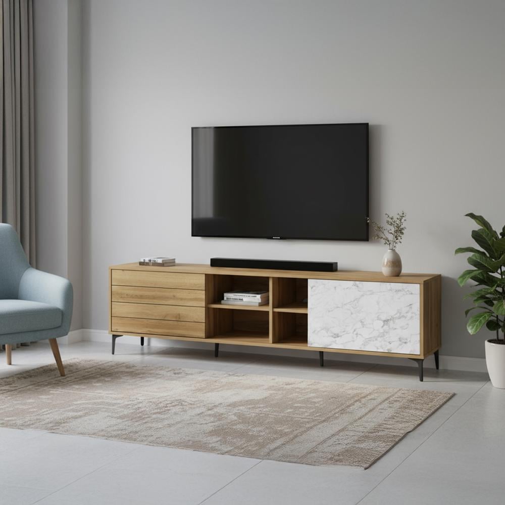 طاولة تلفزيون خشب ماليزي 200 سم - بيج وأبيض رخامي