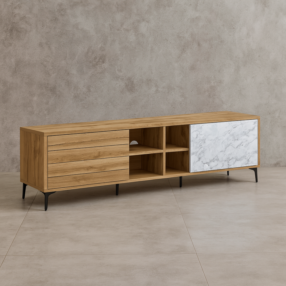 طاولة تلفزيون خشب ماليزي 180 سم - بيج وأبيض رخامي