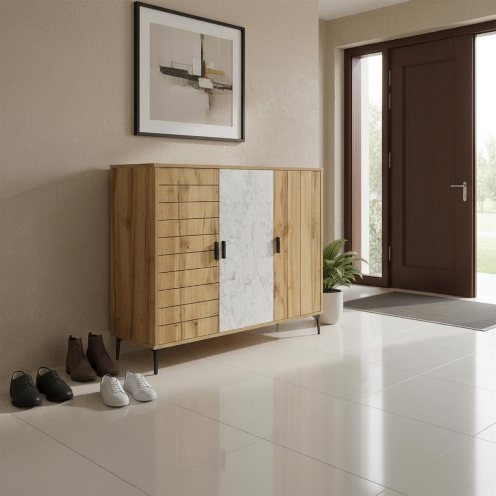 دولاب أحذية خشب ماليزي 3 درفات 4 ادوار - بيج وأبيض رخامي