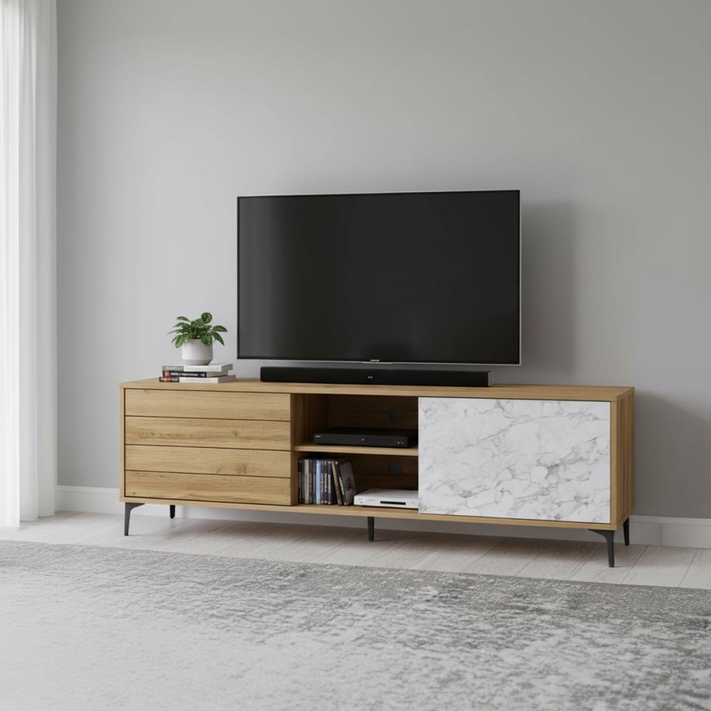 طاولة تلفزيون خشب ماليزي 160 سم - بيج وأبيض رخامي