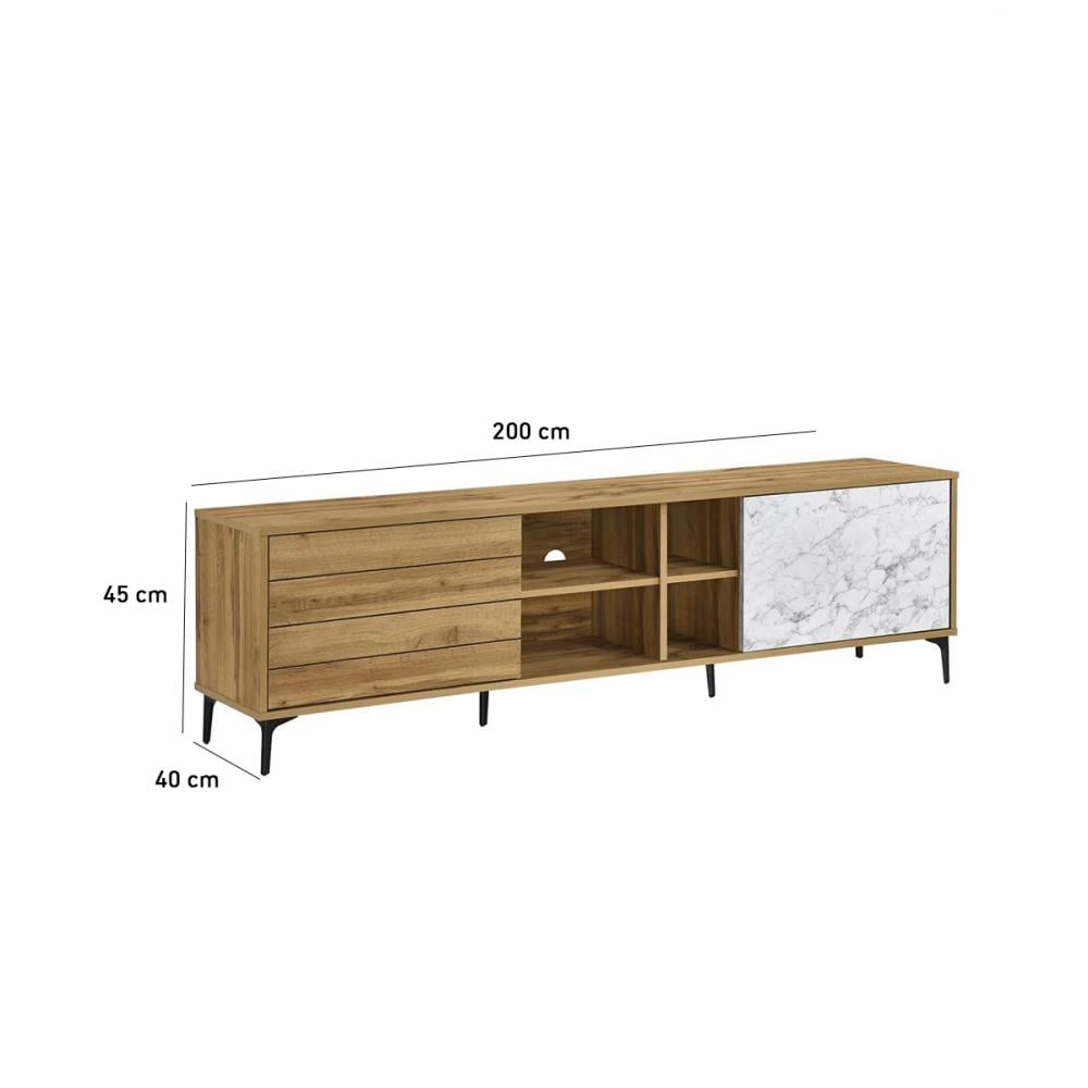 طاولة تلفزيون خشب ماليزي 200 سم - بيج وأبيض رخامي