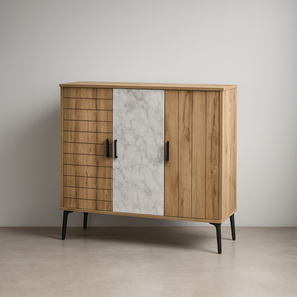 دولاب أحذية خشب ماليزي 3 درفات 4 ادوار - بيج وأبيض رخامي